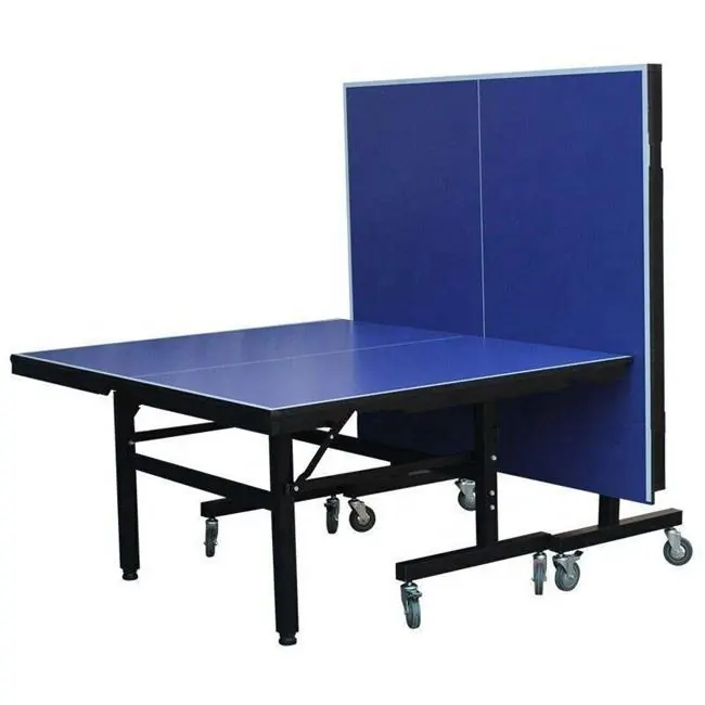 Indoor table tennis table with integrated wheels and barrier